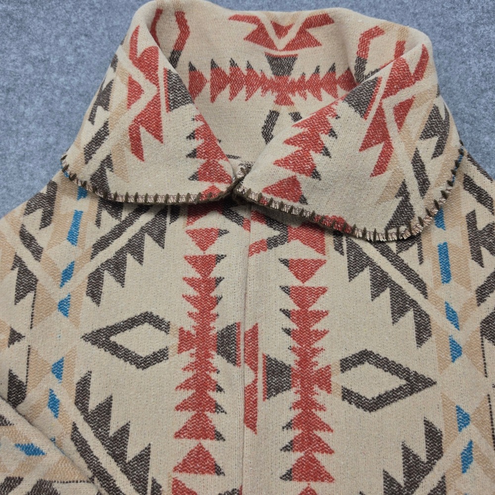 Womens Southwestern Tribal Geometric Poncho Collar Whipstitch Tan Rust Blue